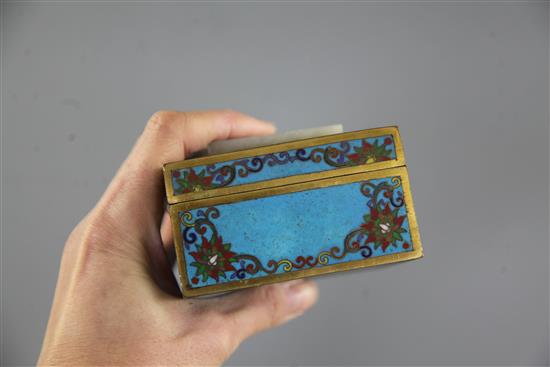 A 19th century Chinese rectangular cloisonne enamel box, mounted with a 17th/18th century white jade plaque, 10.3 x 9cm, height 6.5cm,